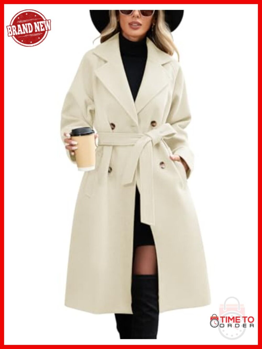 Women's Double Breasted Pea Coat with Belt - Warm Fall Winter Wool Coat Long